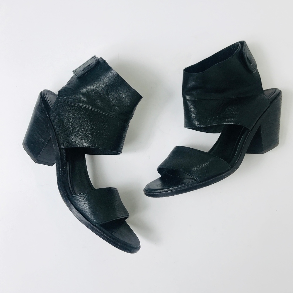 Eileen Fisher leather black sandals stacked heels